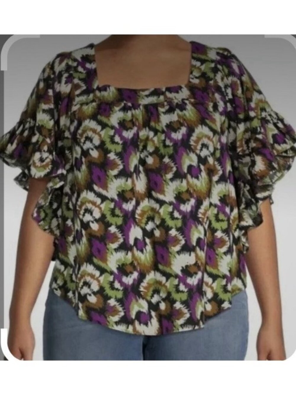 Terra & Sky Square Neck Lightweight Blouse Flutter Sleeve Sz 1X Flowy Boho